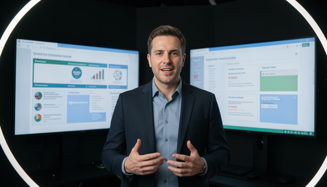 Online-Trainer in einem modernen Studio mit Bildschirmen voller Kursinhalte