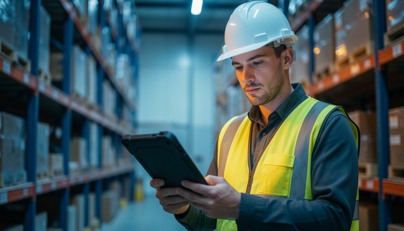 Lagerarbeiter mit Helm und Warnweste prüft Bestand auf einem Tablet