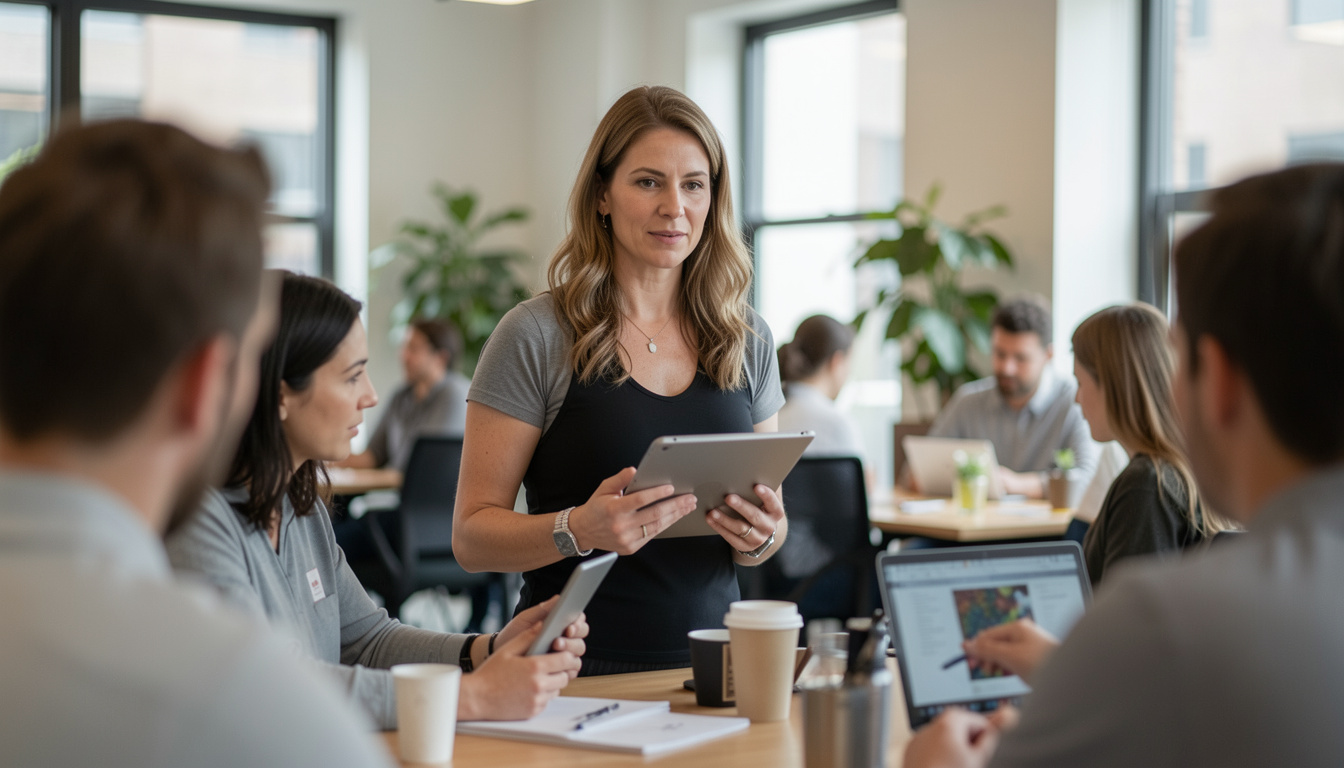 Trainerin leitet einen Workshop in einem modernen Co-Working-Space