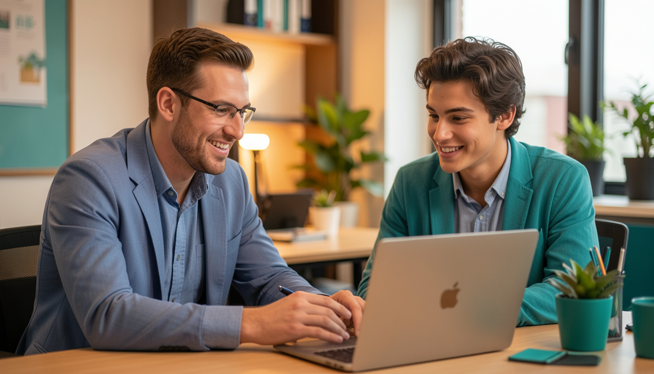 Teamleiter erklärt neuer Kollegin etwas am Laptop in einem modernen Büro