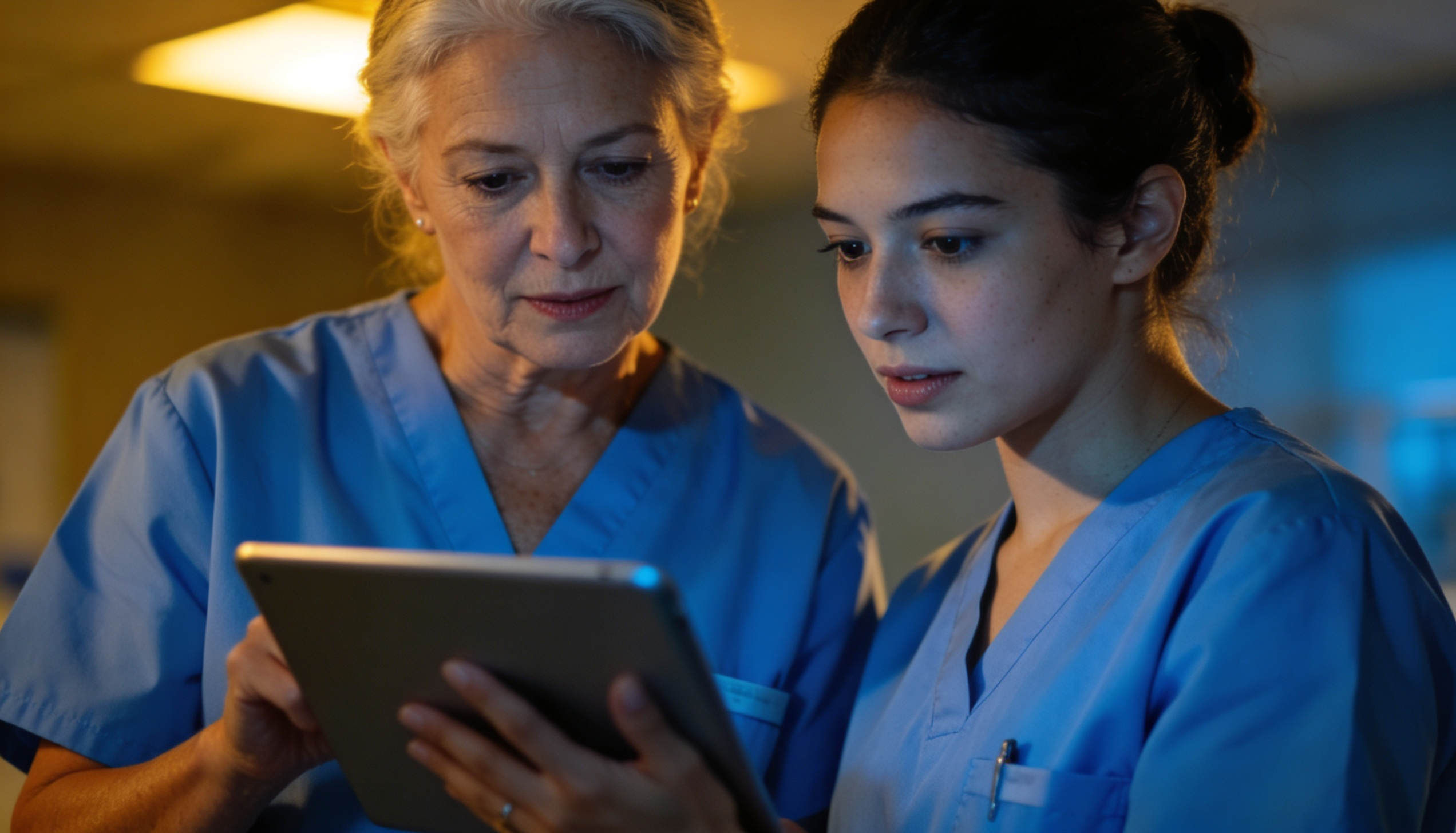 Erfahrene Pflegekraft erklärt jüngerer Kollegin etwas am Tablet