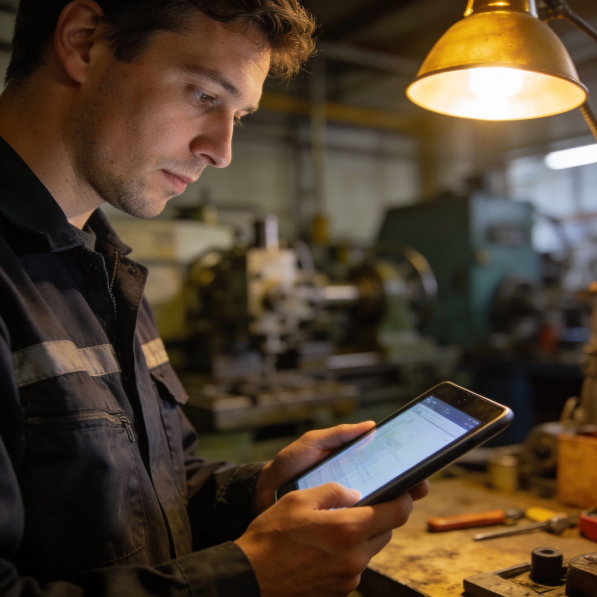 Servicetechniker in einer Werkstatt blickt auf ein Tablet